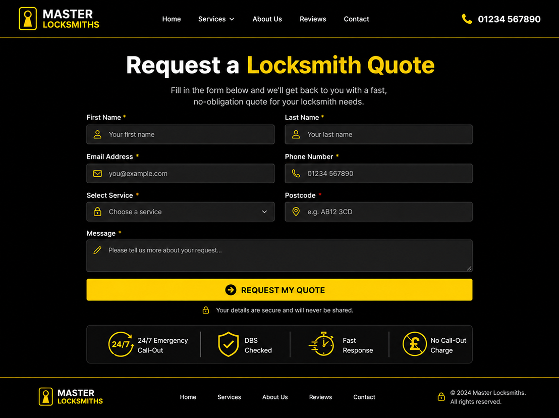 Locksmith request a quote page design with bold buttons and clear messaging