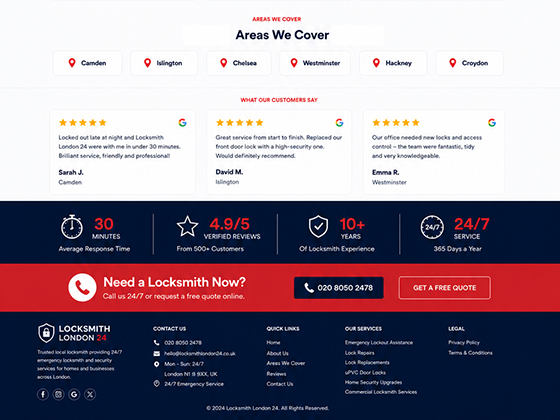 Locksmith website trust building footer and clear CTA