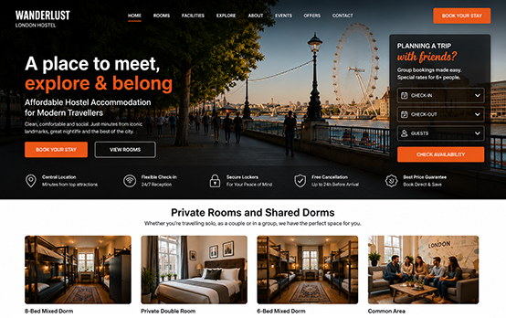 Hostel website design for with London hero image and booking CTA