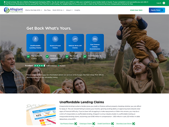 Missold loans landing page design with blue and green branding, family-focused hero image, claims service icons and unaffordable lending claims content