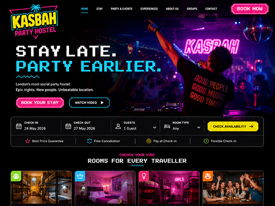 Retro party hostel website design showing neon nightlife branding, room cards and event-led booking content