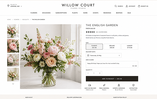 Product page design for flower delivery service, conversion-optimised purchase process and minimalist style