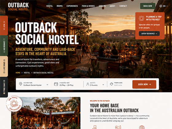 Social hostel website design for backpackers with Australian hero image and booking form