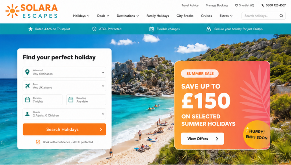 Travel agency holiday search form and offer card