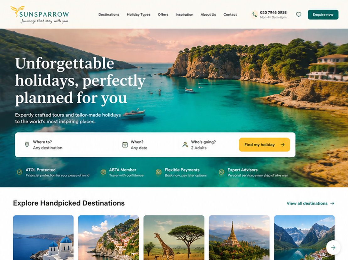 Travel agent home page design mockup with holiday search and destinations carousel