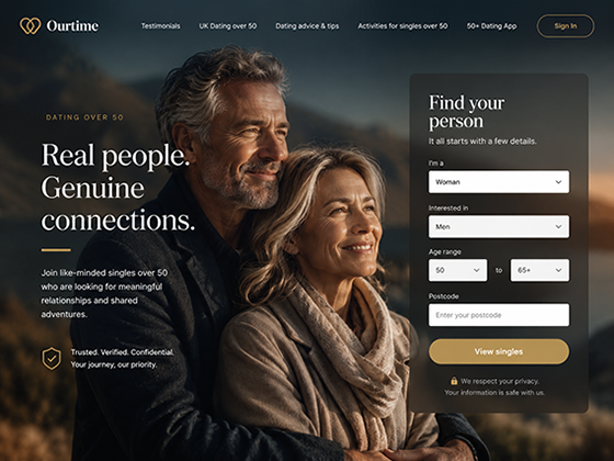 Dating agency website design for over 50s with a "Find your person" search form and verified, confidential trust signals
