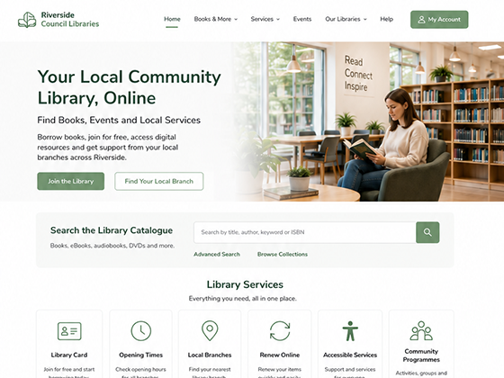 Academic university library website design with search, study support, collections and opening hours panels