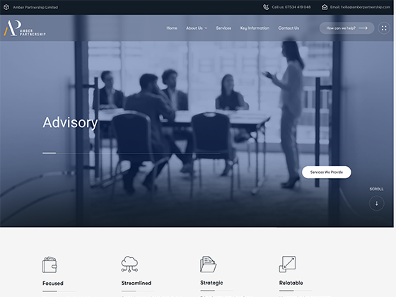 Amber Partnership Limited accountancy website homepage with Advisory hero section