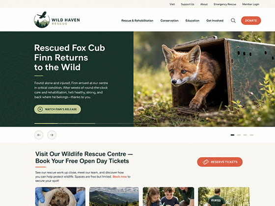 Animal charity website design showing a wildlife rescue homepage with a rescued fox cub hero feature and donate button