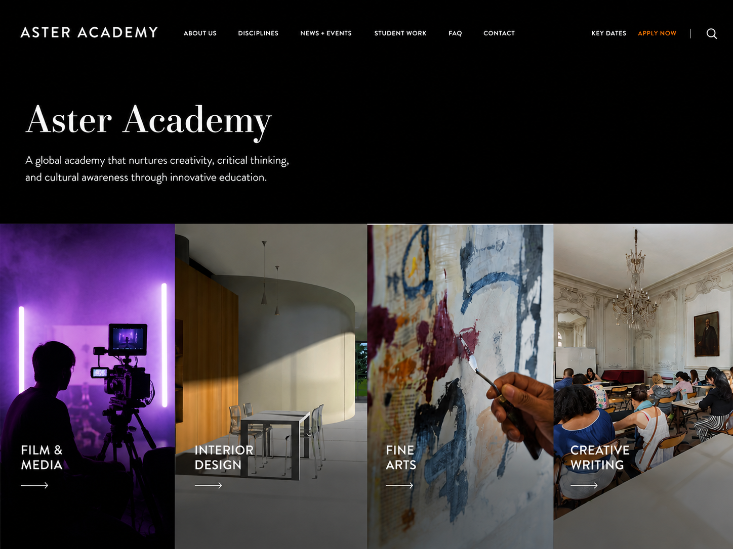 Arts academy school website mockup with 4 pho-led panels showcasing the schools courses
