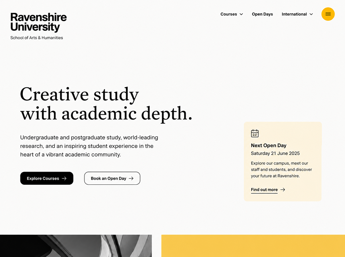 Arts and humanities university website design with course buttons and open day information