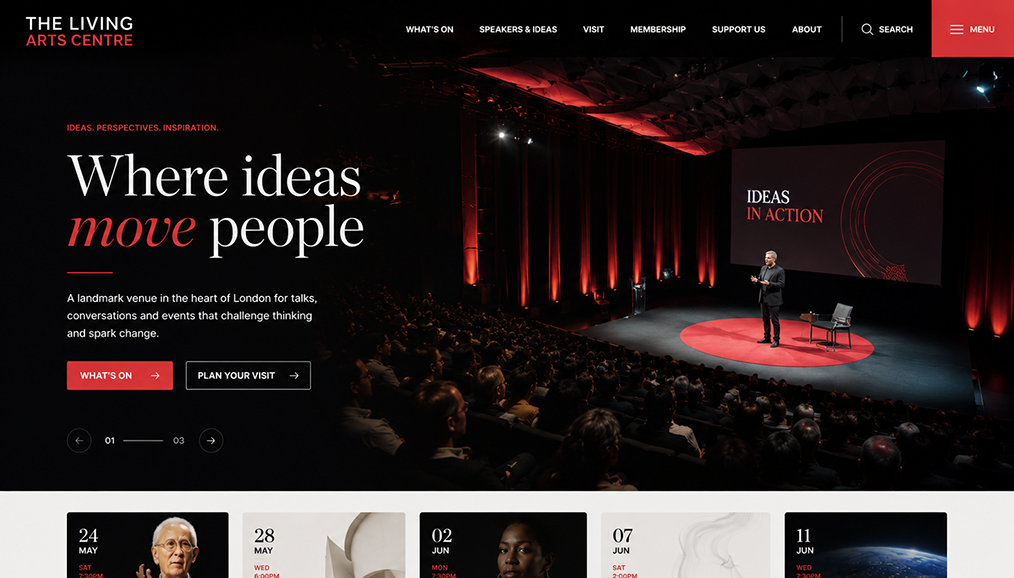 Arts centre website design with talks venue homepage, event listings and membership navigation