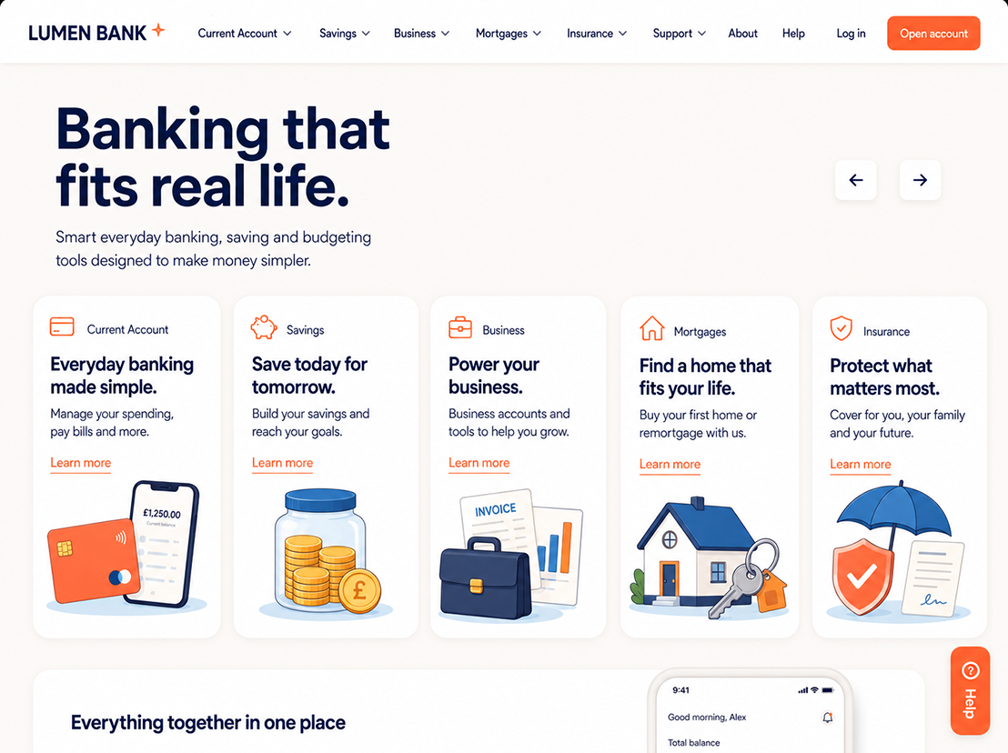 Modern banking homepage design with account, savings, business, mortgage and insurance service cards