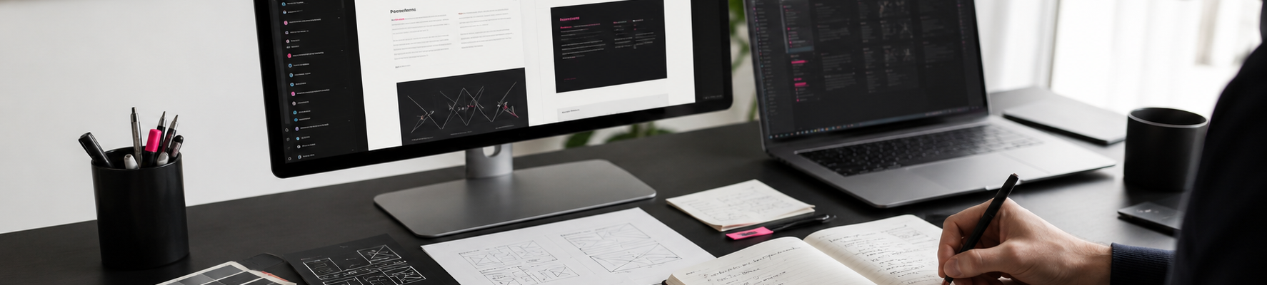 Bespoke website design planning workspace with wireframes, design mockups and custom website layouts