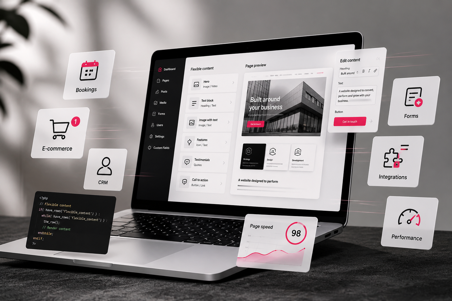 Custom WordPress website editing interface with flexible content blocks, reusable sections and custom page templates