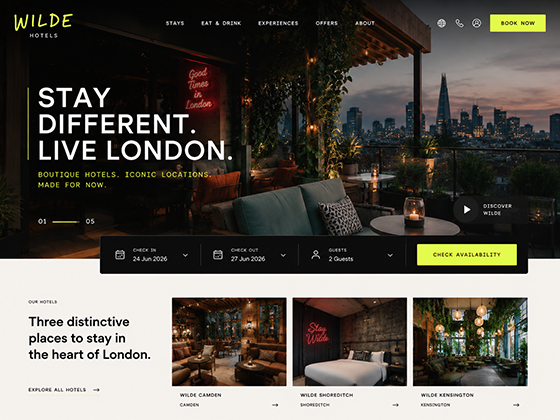 outique hotel web design featuring city skyline imagery, booking widget and multi-property navigation
