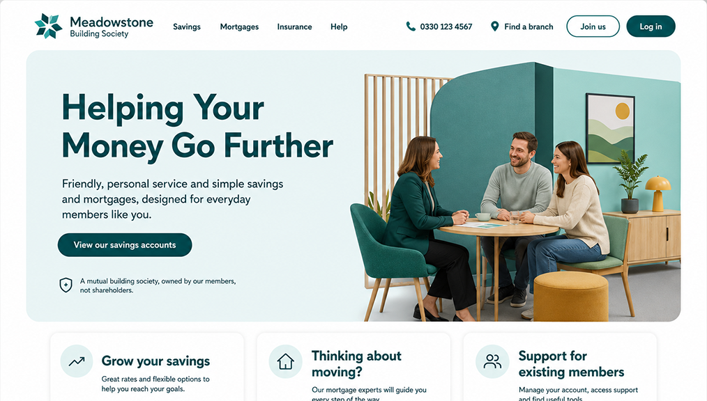 Building society website design with savings, mortgage and member support journeys