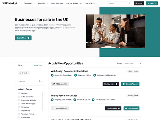 Business acquisition website design showing UK companies for sale with filterable listings and search.