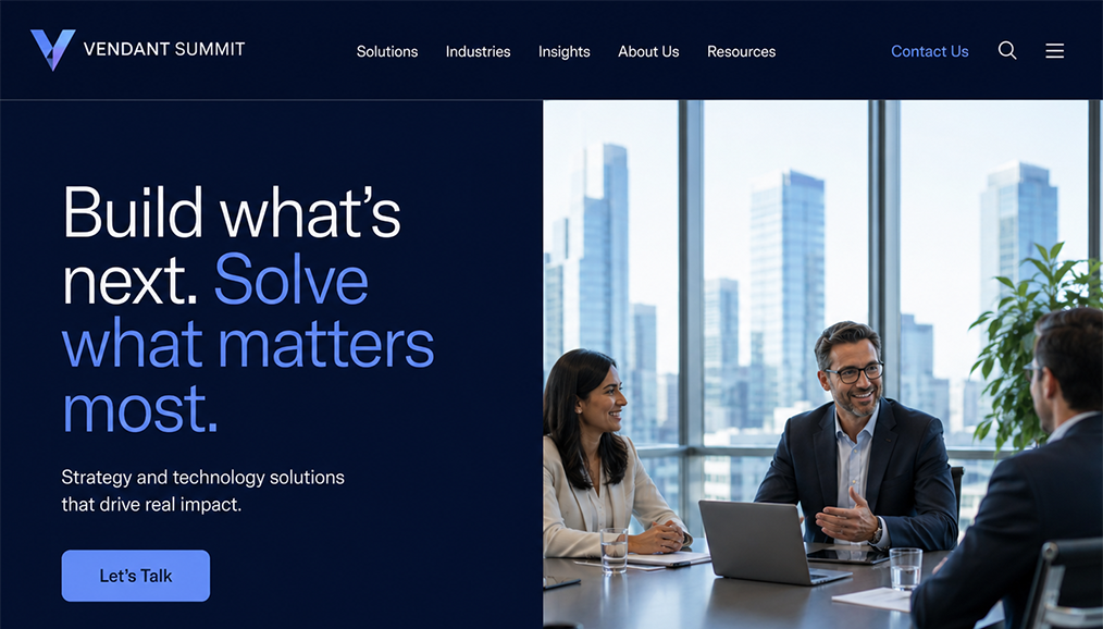 Corporate consulting website design with dark blue hero section, boardroom meeting image and clear contact navigation