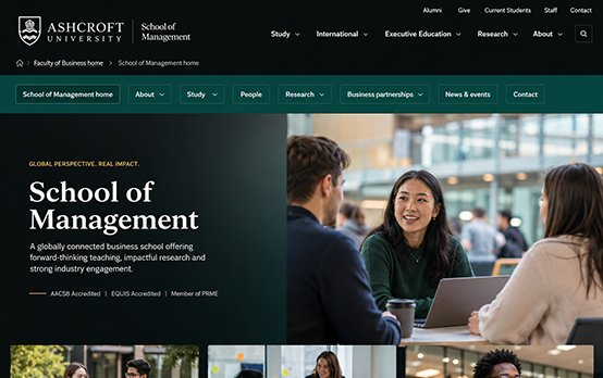 Business school website design showing students in a modern campus learning environment