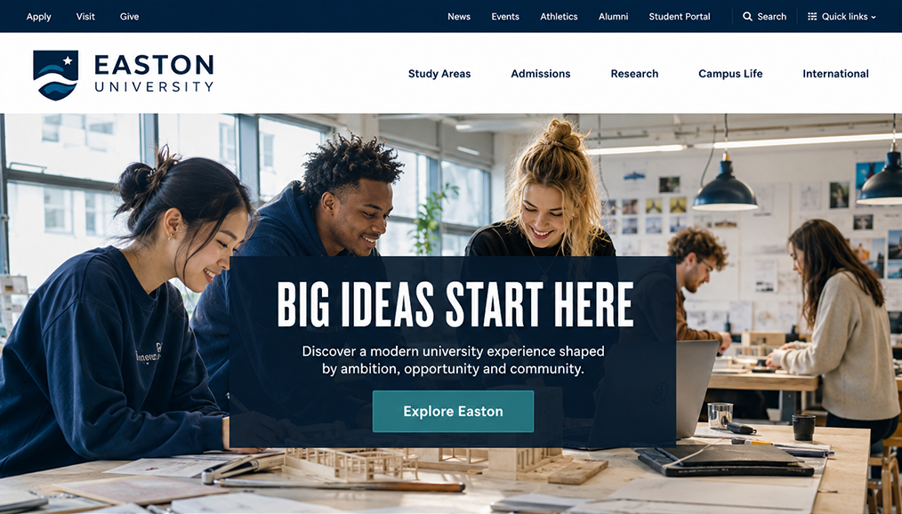 University website design showing engineering students in a lab with course and campus tour CTAs