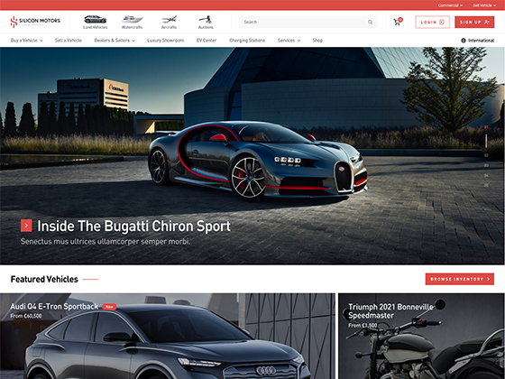 Bespoke car dealership website homepage design with featured vehicle listings and stock navigation