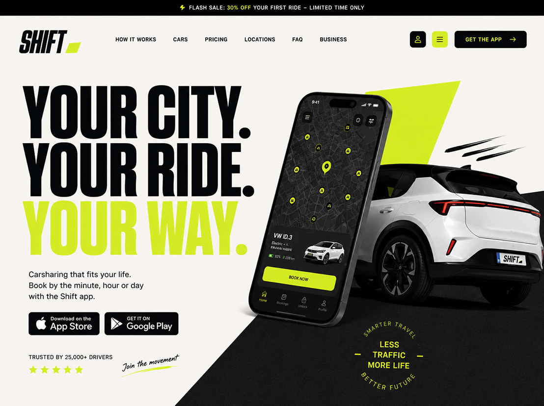 Small business website design for a car-sharing app, with bold headline and smartphone booking screen