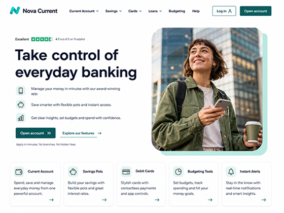 Challenger bank homepage design with everyday banking hero section, Trustpilot rating, app features and account opening CTA.