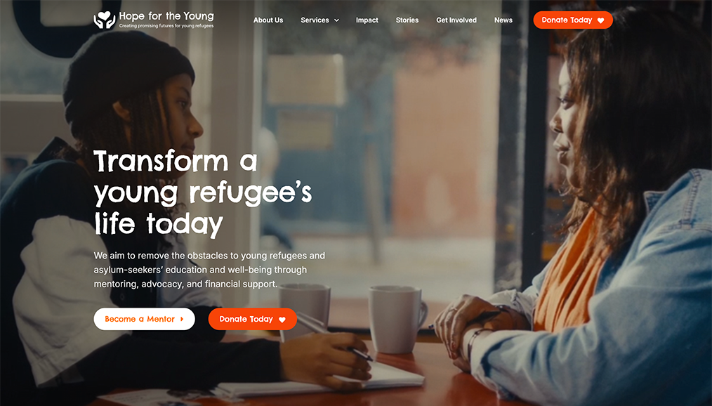 Hope for the Young charity homepage design with a full-width hero, mentoring message and donate call to action