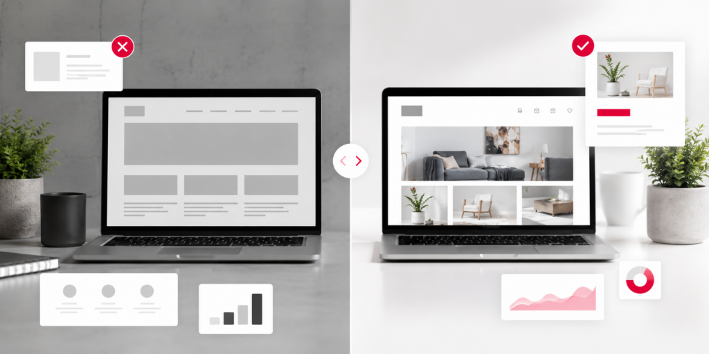 Side-by-side comparison of a basic website and a professional design on laptops