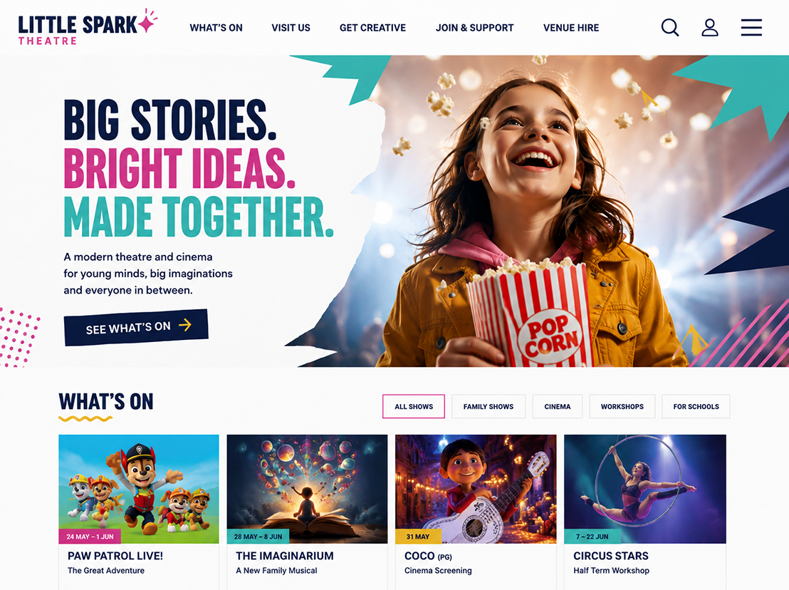 Theatre website design showing What's On listings with family shows, cinema and workshop filters