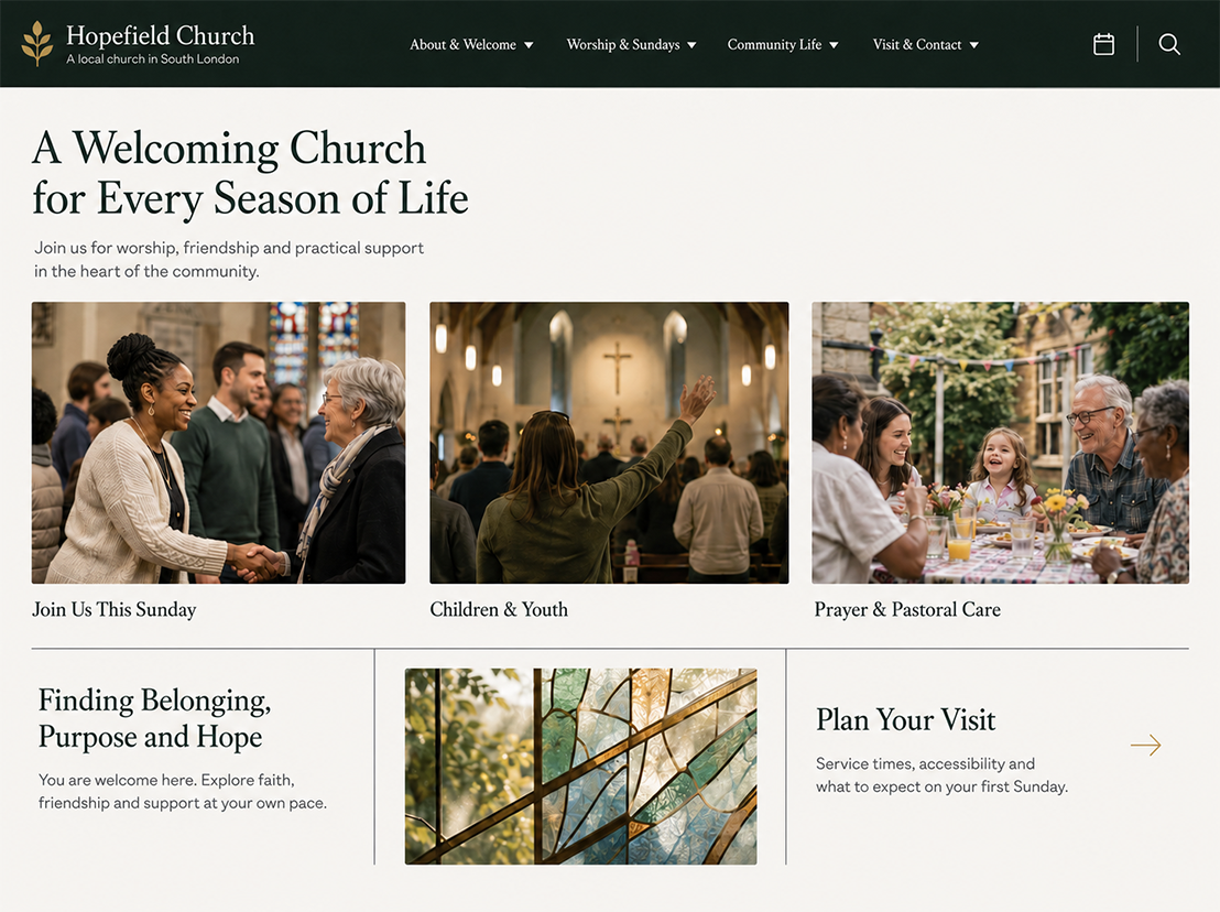Church home page with welcoming hero section, user journeys and seasonal photos