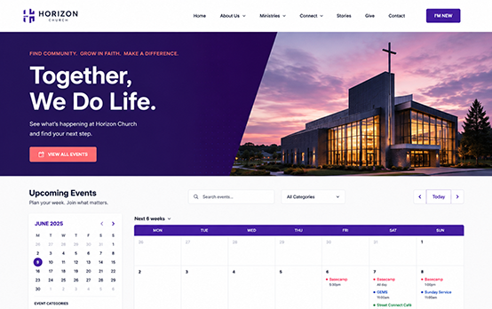 Church events website design with homepage hero, search filters and monthly events calendar