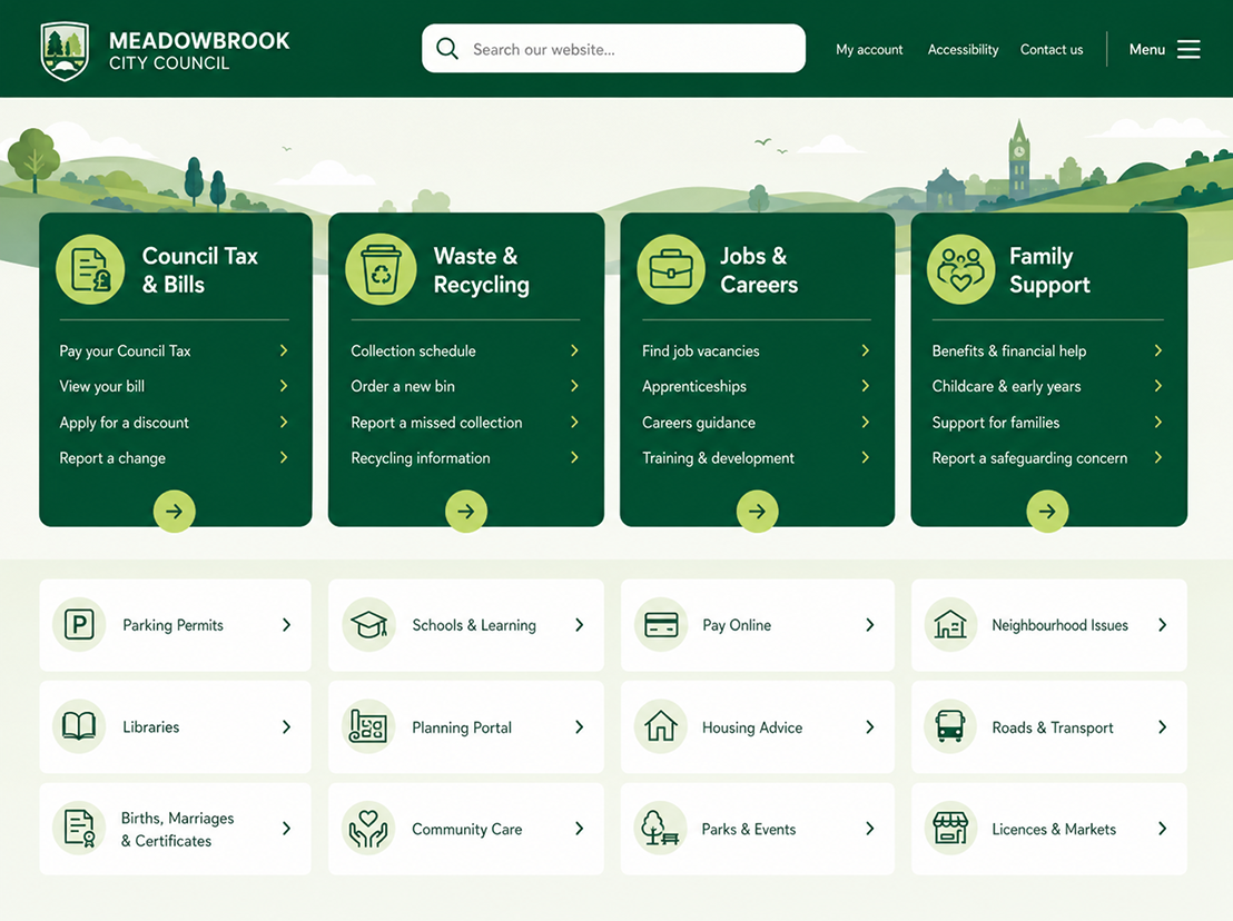 Modern city council service page design with search, council tax, recycling, careers, family support and local service cards