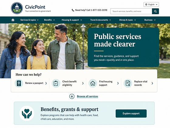 Civic government landing page design with public services search, benefits support section and resident service shortcuts