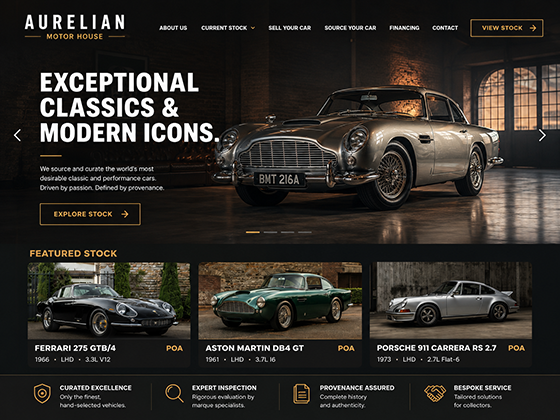 Classic car dealer website design showing featured stock listings with provenance and specification detail