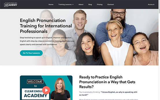 English pronunciation training website design homepage with hero headline, lesson call to action and video