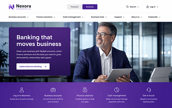 Commercial banking website design with business banking hero section, account navigation, support links and expert guidance CTA.
