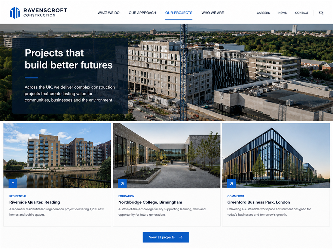 Commercial contractor projects page mockup with construction case study cards