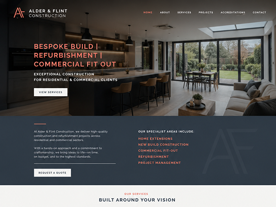 Commercial fit-out contractor homepage mockup with refurbishment project hero