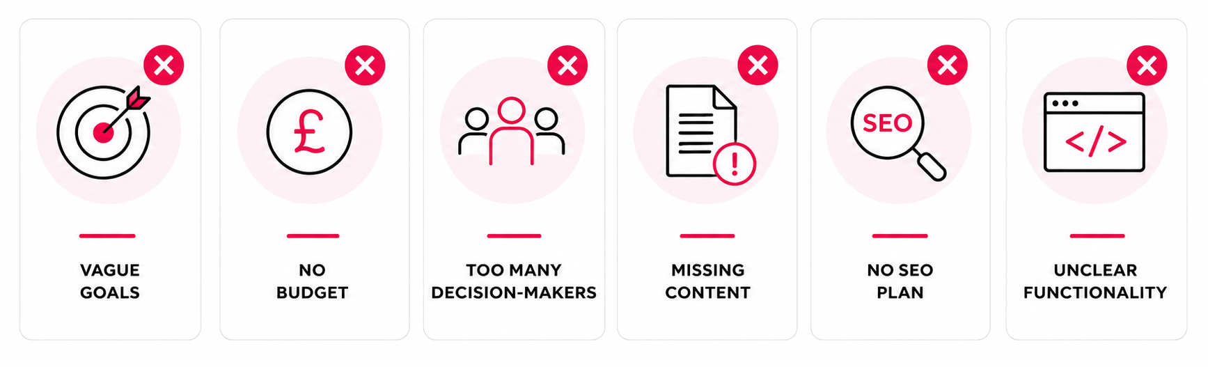 Common web design brief mistakes including vague goals, no budget, too many decision-makers, missing content, no SEO plan and unclear functionality