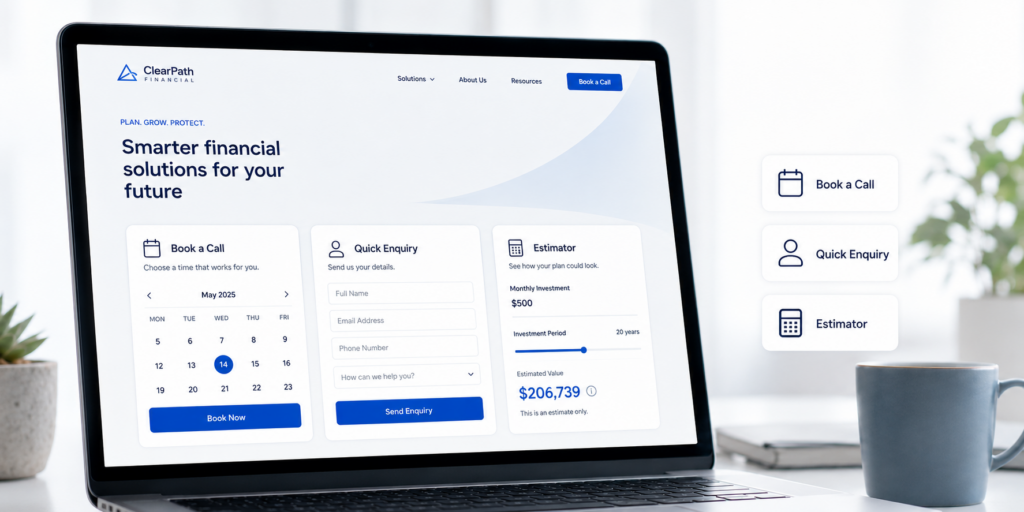 Financial website mockup showing a booking widget, enquiry form and estimator on a laptop screen