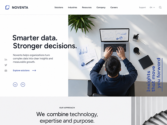 Minimal corporate homepage design with analytics dashboard image, clean navigation and data-led messaging