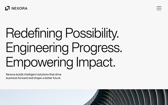 Minimal corporate website design with bold typography, clean layout and architectural business imagery