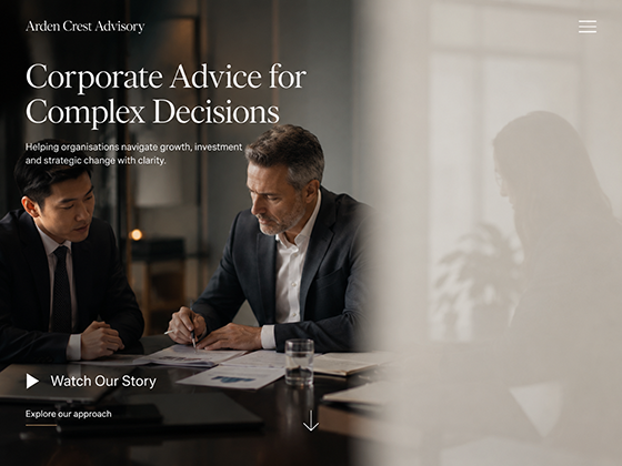 Advisory firm website hero section with corporate meeting photography and refined editorial layout