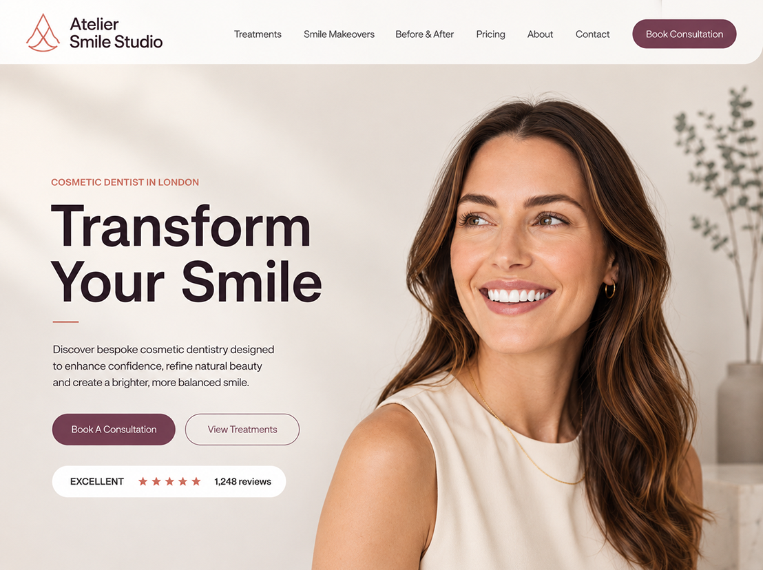 Cosmetic dentist website design mockup with smile makeover hero section
