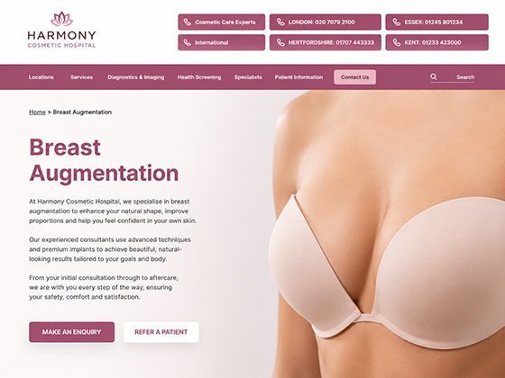 Cosmetic hospital service page design with augmentation photography, enquiry buttons and referral navigation