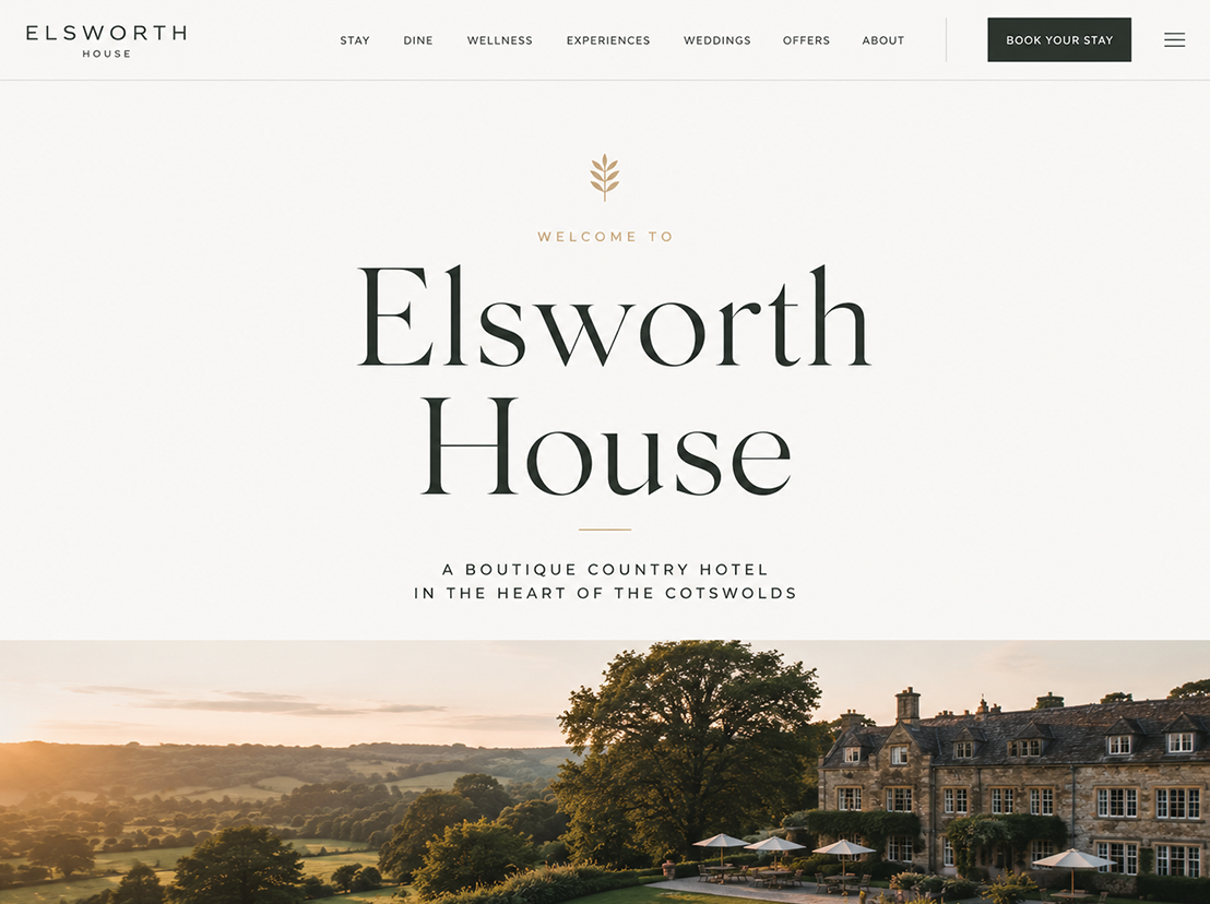 Country hotel web design featuring elegant typography, branded logo and sweeping rural landscape imagery
