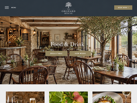 Food and drink page design for a country pub website with table booking and menu buttons