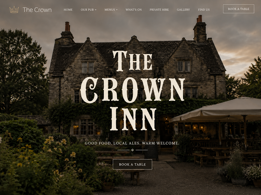 Country pub website design mockup with large hero image, table booking button and traditional inn branding